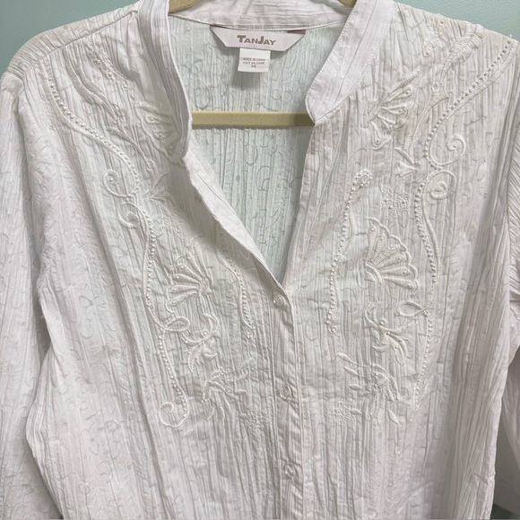NWT Tanjay White Embroidered Button-Up Blouse 3/4 sleeve size 14 mandarin collar - Picture 9 of 10
